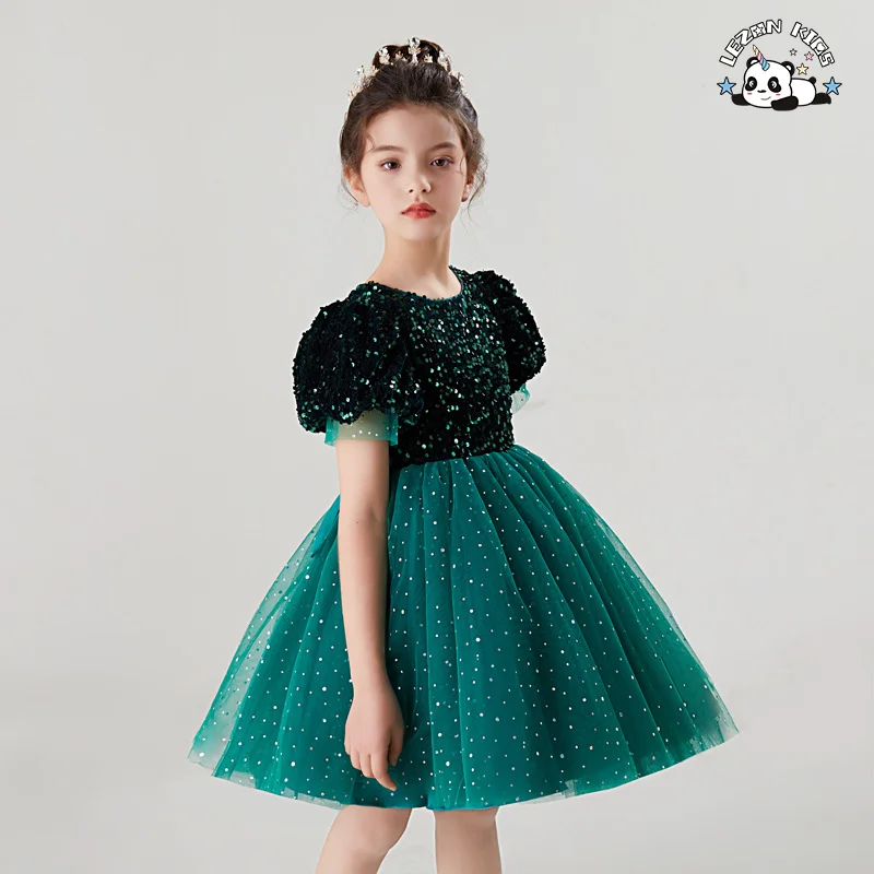 LEZONKIDS - Vestido de Manga Curta para Meninas, Vestido de Gala com Lantejoulas, Poncho de Gaze, Saia Curta e Doce Saia de Princesa